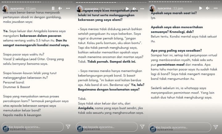 Aya Canina Blak-blakan Alami Kekerasan Saat Pacaran dengan Rekan di Band Amigdala