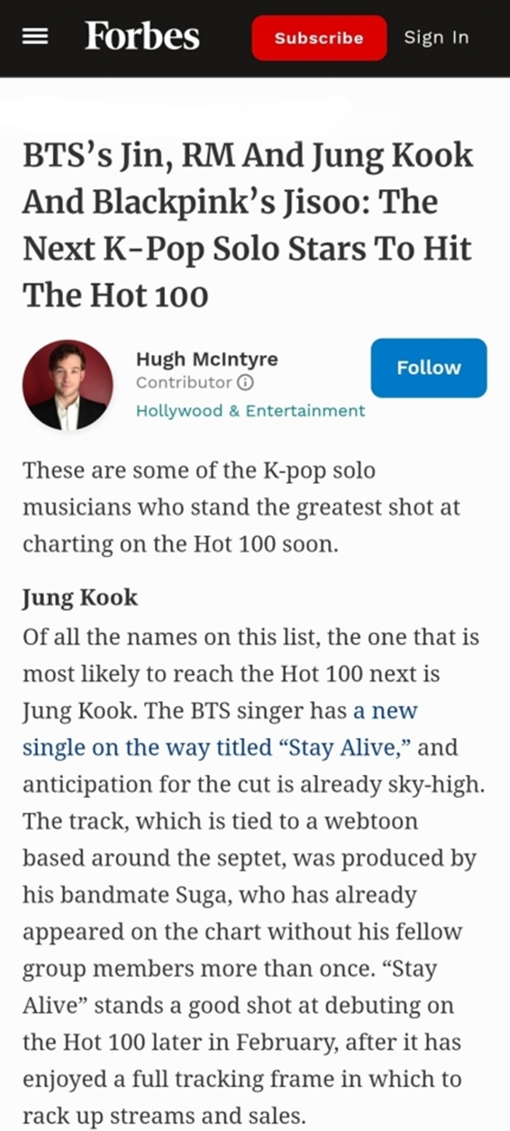 Jungkook BTS Berpeluang Masuk Billboard Hot 100 dengan \'Stay Alive\', Forbes Akui Pengaruhnya