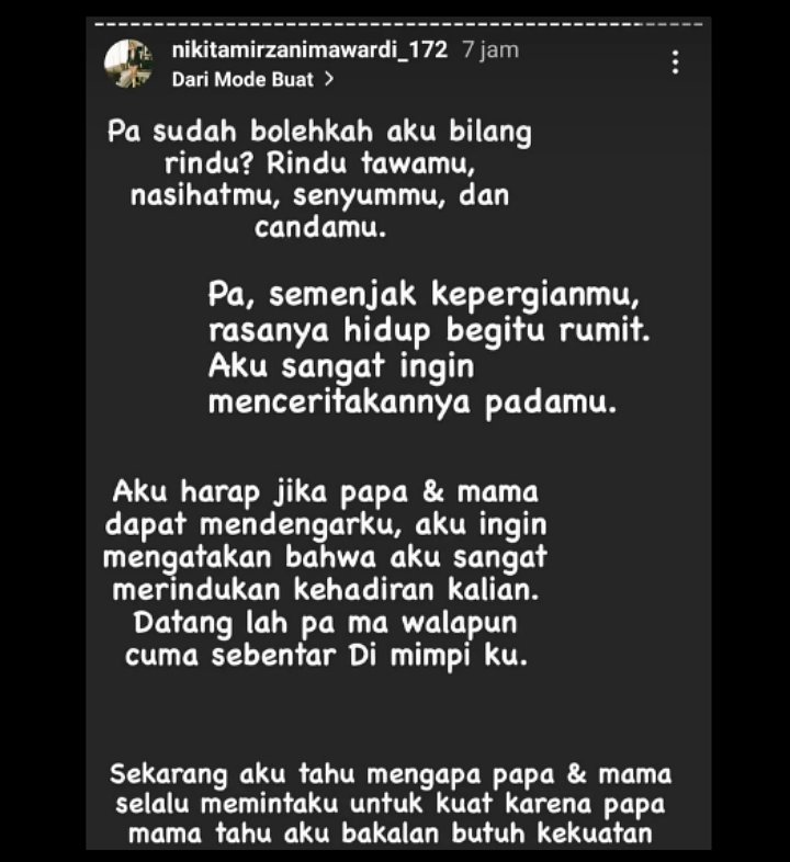 Rindu, Nikita Mirzani Tulis Curhatan Pilu Untuk Mendiang Kedua Orangtuanya