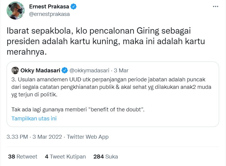 Ernest Prakasa Ogah Dukung Wacana Presiden Jokowi 3 Periode, Ibaratkan Kartu Merah