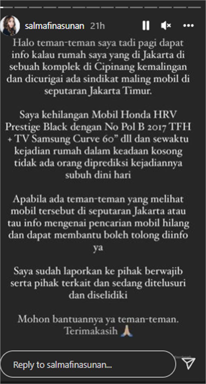 Salmafina Sunan Rumahnya Kebobolan Maling