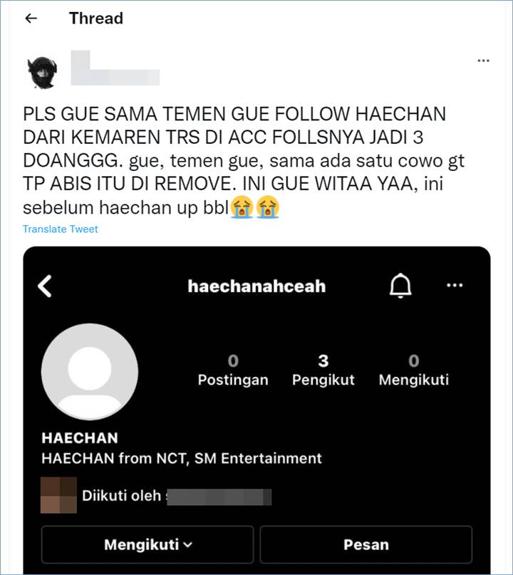 Seorang penggemar Indonesia mengaku mengikuti Instagram Haechan NCT sebelum dirilis