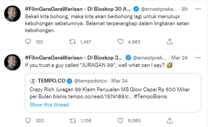 Ernest Prakasa Soroti Kabar Omset Bisnis Skincare Juragan 99 Capai Rp 600 Miliar Per Bulan