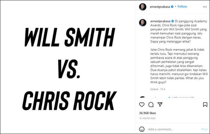 Tanggapan Ernest Prakasa Soal Will Smith Tampar Chris Rock di Oscar 2022, Pro Siapa?