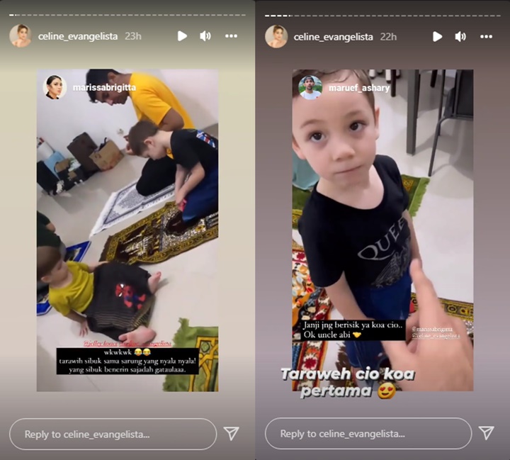 Anak-anak Celine Evangelista Perdana Ikut Salat Tarawih, Anteng Saat Dengar Ceramah Ustaz
