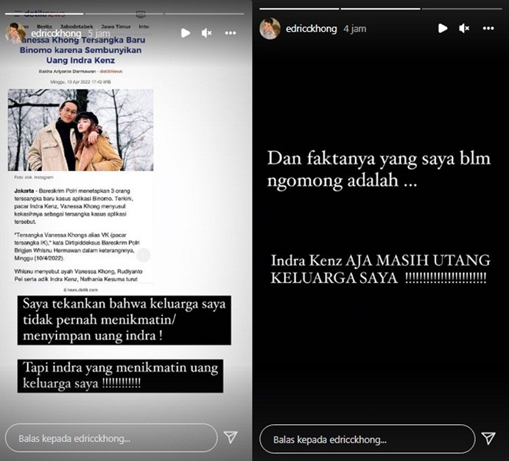 Tak Terima Adiknya Jadi Tersangka, Kakak Vanessa Khong Bongkar Fakta Mengejutkan Soal Indra KenzTak Terima Adiknya Jadi Tersangka, Kakak Vanessa Khong Bongkar Fakta Mengejutkan Soal Indra Kenz