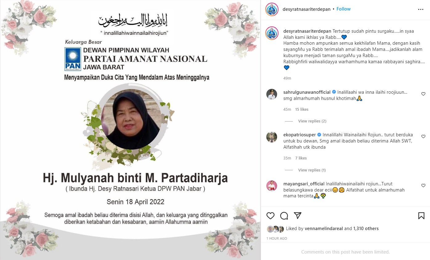 Kabar Duka, Ibu Desy Ratnasari Meninggal Dunia Banjir Ucapan Belasungkawa