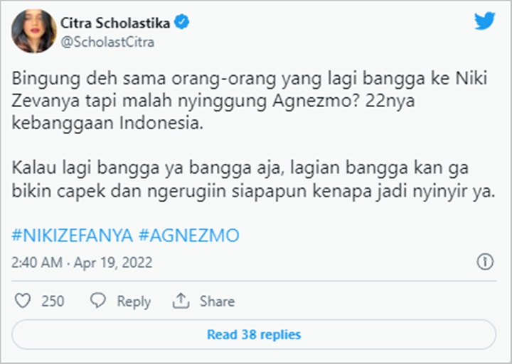 Citra Scholastika Soal Agnez Mo dan NIKI