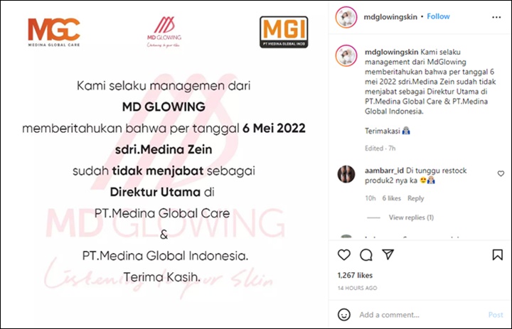 Medina Zein Berhenti Menjabat Sebagai Dirut MD Glowing, Dipecat Imbas Dugaan Penipuan?
