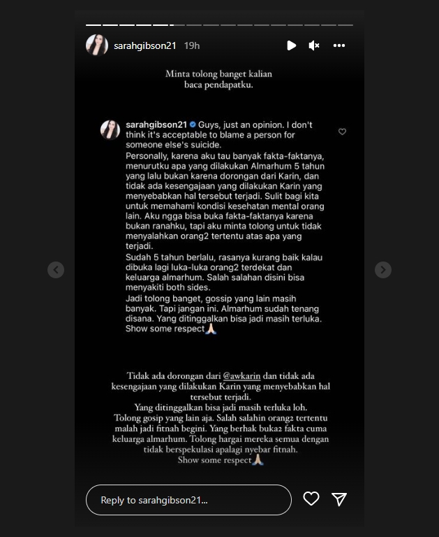 Sarah Gibson Bela \'Mati-matian\' Usai Awkarin Dituding Jadi Penyebab Oka Meninggal Dunia