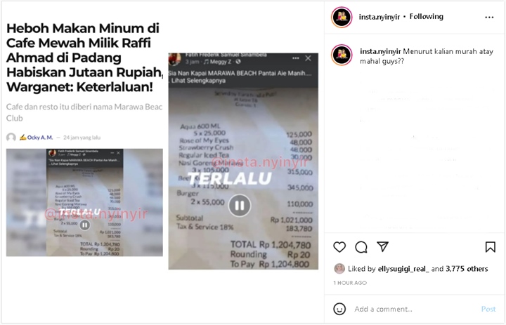Harga Menu Makanan di Kafe Baru Milik Raffi Ahmad Jadi Perbincangan, Disebut Terlalu Mahal