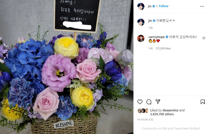 Jin BTS Rayakan Ultah ke-60 Ayahnya 1