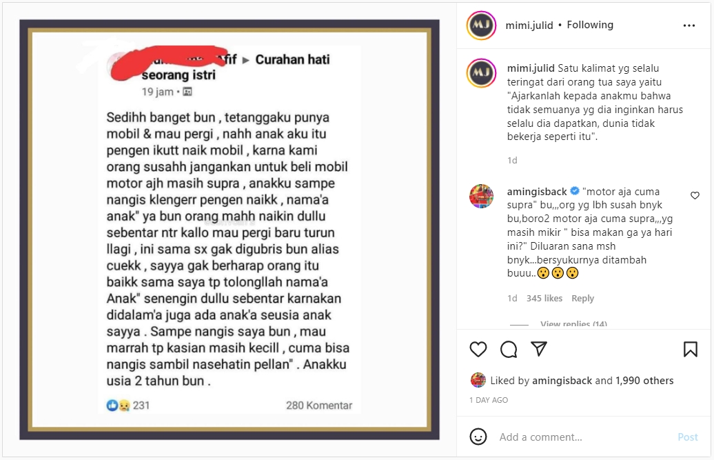 Aming Tanggapi Menohok Curahan Hati Ibu Soal Anaknya \'Ngerengek\' Minta Naik Mobil Tetangga