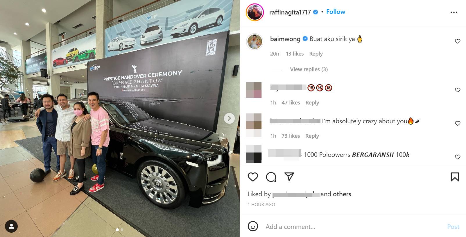 Baim Wong menulis komentar di unggahan Raffi