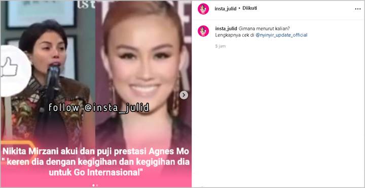 Nikita Mirzani Puji Habis Agnez Mo Tuai Sorotan, Beri Acungan Jempol Soal Ini