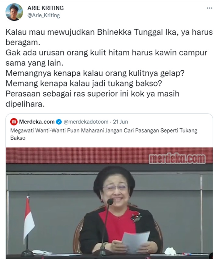 Arie Kriting Kritik Pedas Candaan Rasis Megawati Soekarnoputri, Netter Ikut Kecam