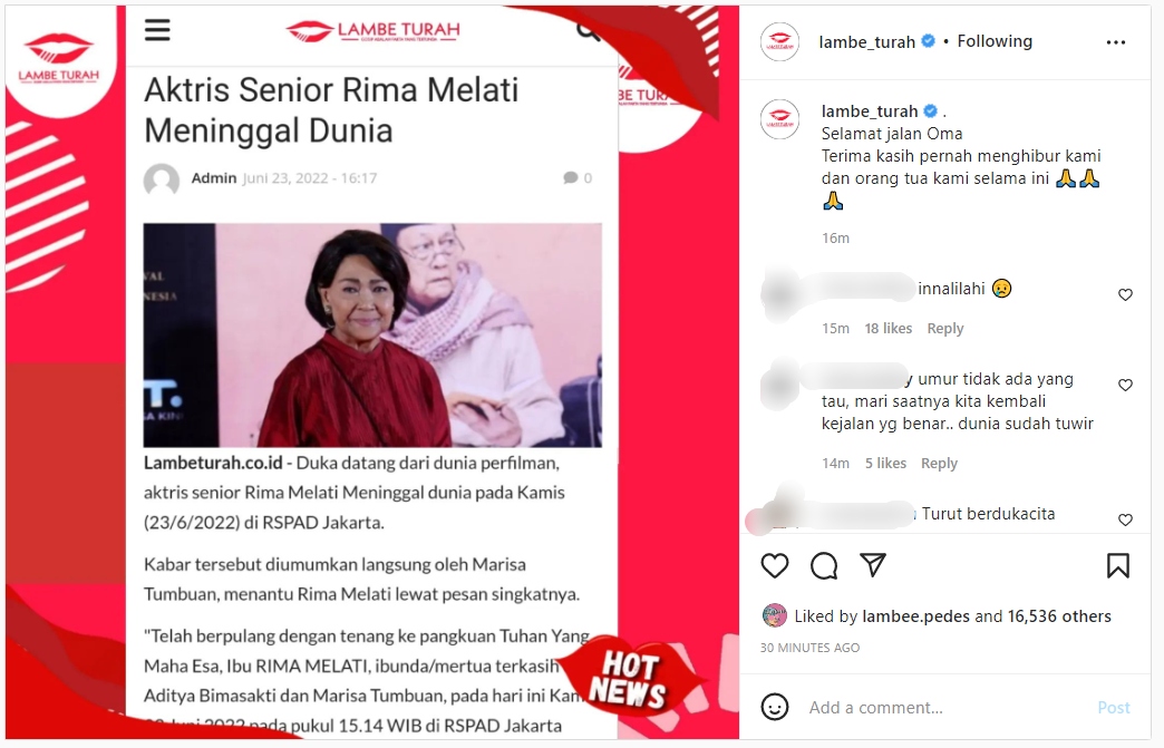 Kabar Duka, Aktris Senior Rima Melati Meninggal Dunia