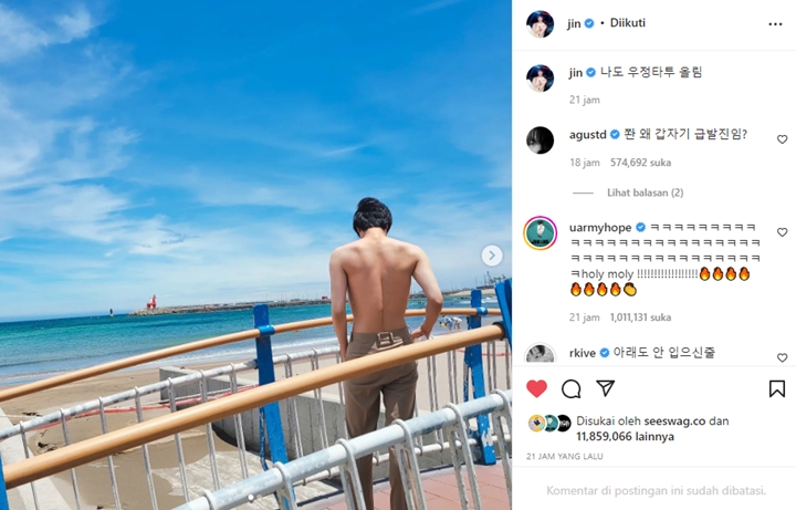 Member BTS Syok Berat Jin Berani Posting Potret Shirtless