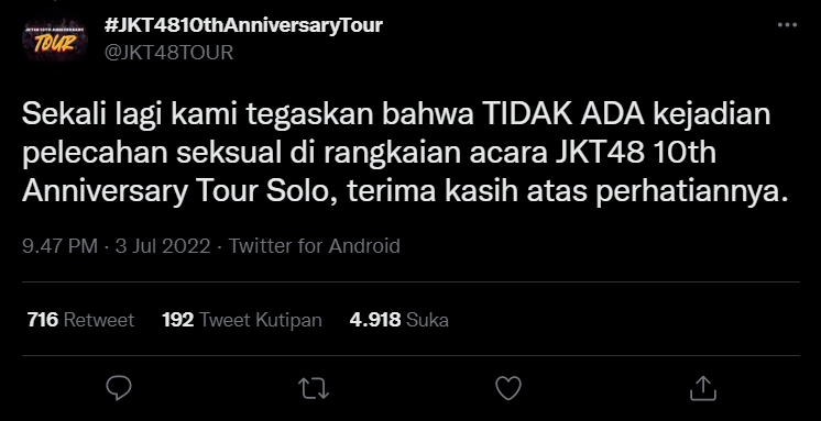 Pihak JKT48 Klarifikasi Soal Isu Pelecehan Seksual Terhadap Para Member Saat Konser