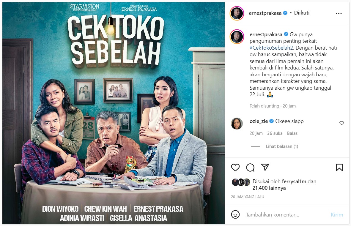 Ernest Prakasa Berat Hati Sampaikan Pengumuman Penting Tentang \'Cek Toko Sebelah 2\'