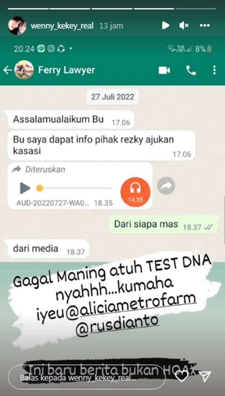 Rezky Aditya Dikabarkan Ajukan Kasasi, Wenny Ariani: Gagal Maning Tes DNA