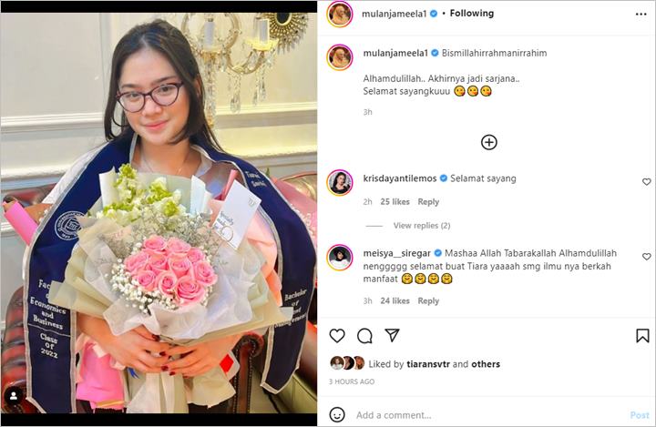Mulan Jameela Kabarkan Sang Putri Lulus Sarjana, Tiara Savitri Tampil Cantik Pegang Buket Bunga