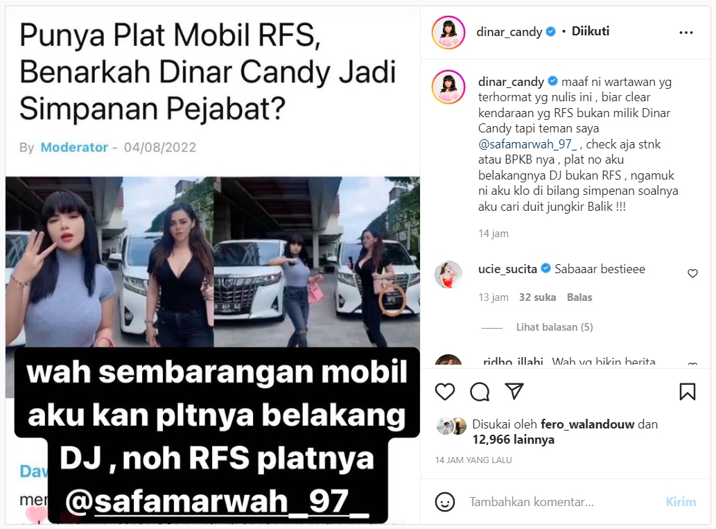 Dinar Candy Tak Terima Disebut Simpanan Pejabat Gara-gara Plat Mobil: Ngamuk Nih Aku