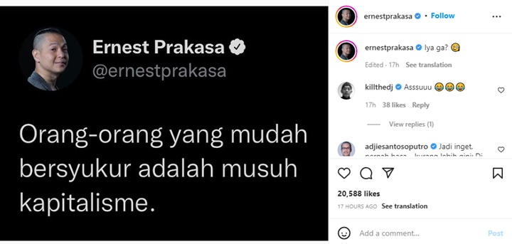 Cuitan Ernest Prakasa Tentang Orang Mudah Bersyukur Tuai Perdebatan, Begini Konsepnya