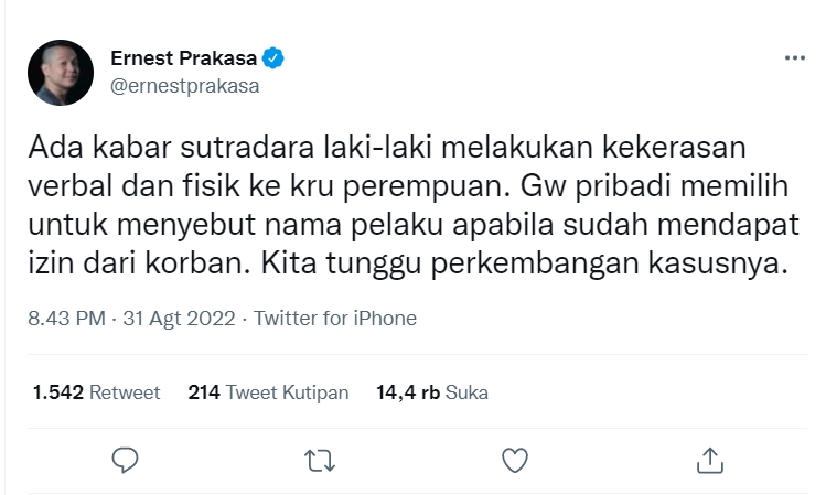 Ernest Prakasa Tanggapi Soal Isu Sutradara Lakukan Kekerasan ke Kru Perempuan, Bakal Spill Nama?