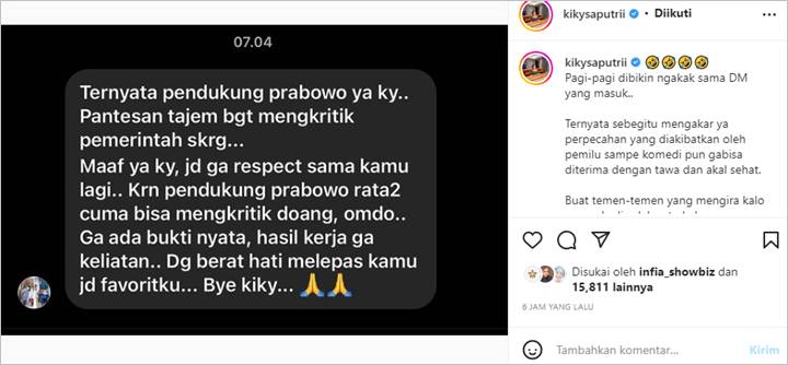 Kiky Saputri Dapat DM Netizen yang Ingin Mundur Jadi Fans, Isinya Malah Bikin Terpingkal?