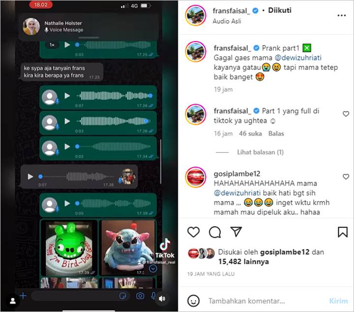 Frans Faisal Pamer Aksi Prank Gagal ke Sang Ibu, Notif Chat dari Nathalie Holscher Justru Bocor?