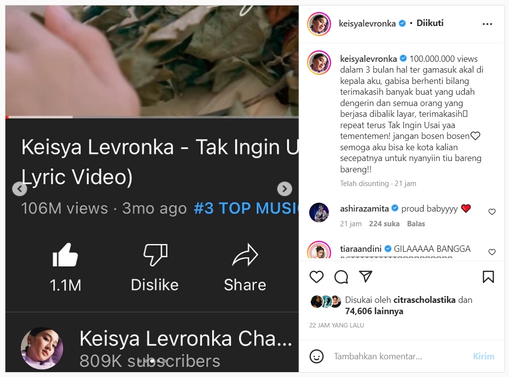 Keisya Levronka Beri Reaksi Begini Saat \'Tak Ingin Usai\' Capai 106 Juta View