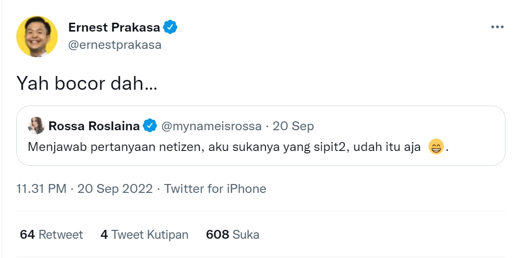 Ernest Prakasa Tanggapi Klarifikasi Rossa Soal Isu Perselingkuhan Reza Arap
