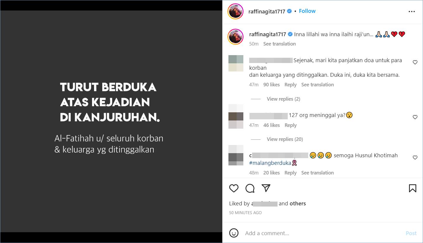 Raffi Ahmad mengungkapkan duka atas tragedi Kanjuruhan