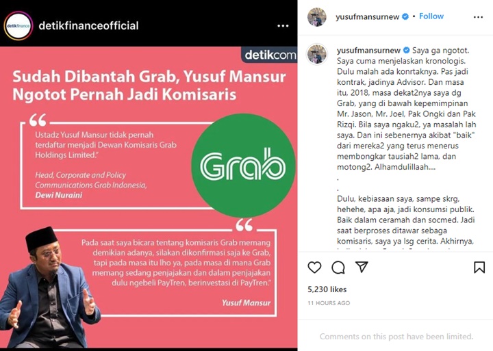 Bantah Ngotot, Ustaz Yusuf Mansur Beberkan Bukti Pernah Jadi Komisaris Grab