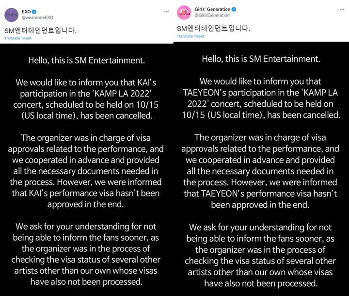 Tae Yeon SNSD Minta Maaf, SM Tegaskan Ia dan Kai EXO Batal Tampil karena Salah Organizer \'KAMP LA\'