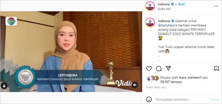Lesti Kejora Persembahkan Piala Penyanyi Dangdut Solo Wanita Terpopuler untuk Rizky Billar-Baby L