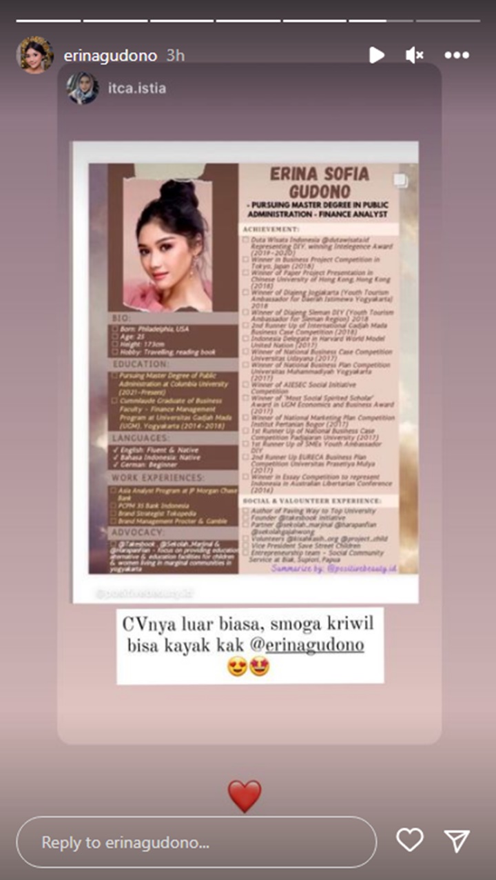 Erina Gudono Calon Bojo Kaesang Pangarep Pamer CV Luar Biasa