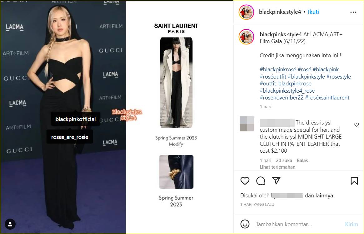 Detail outfit Rose BLACKPINK di acara LACMA Art+ Film Gala