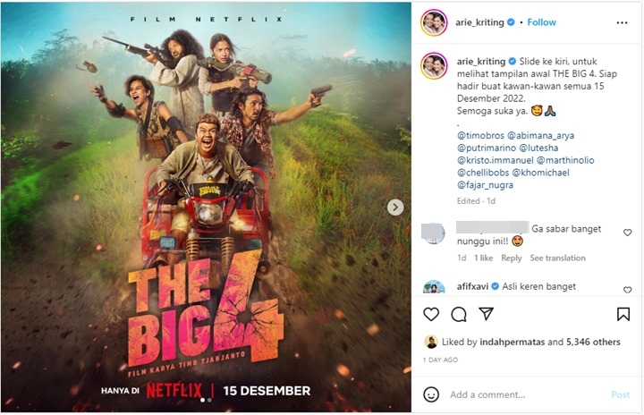 Arie Kriting Ungkap Reaksi Indah Permatasari Usai Nonton Trailer \'The Big 4\'