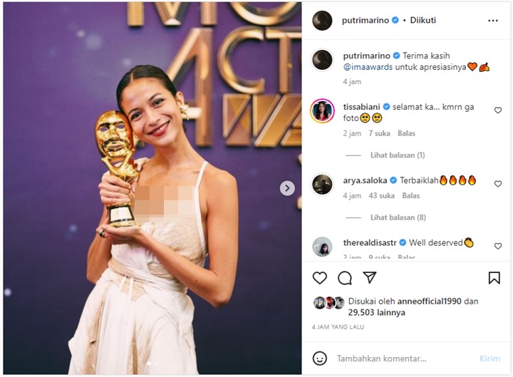 Bentuk Tubuh Putri Marino Kembali Jadi Perbincangan Saat Pamer Kemenangan di IMA Awards