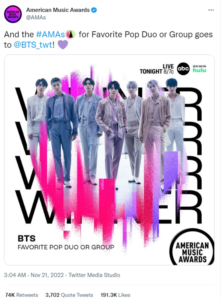 AMA 2022: BTS Raih Trofi Ke-4 Favorite Pop Duo/Group, Pertama Kali dalam 50 Tahun