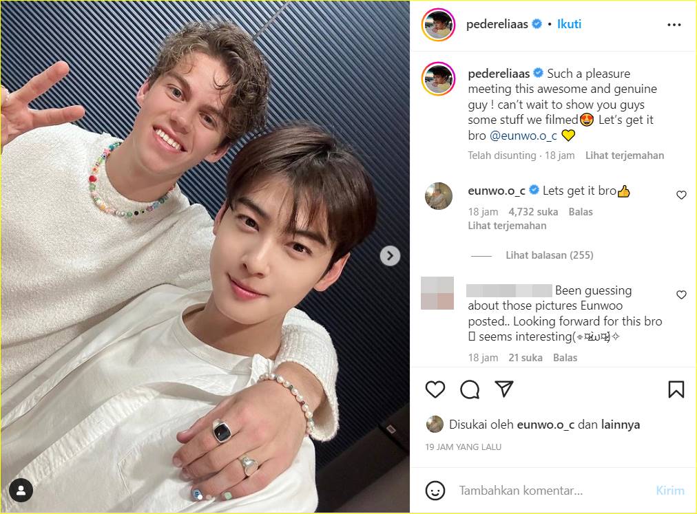 Cha Eun Woo ASTRO mengomentari unggahan Peder Elias di Instagram pribadinya