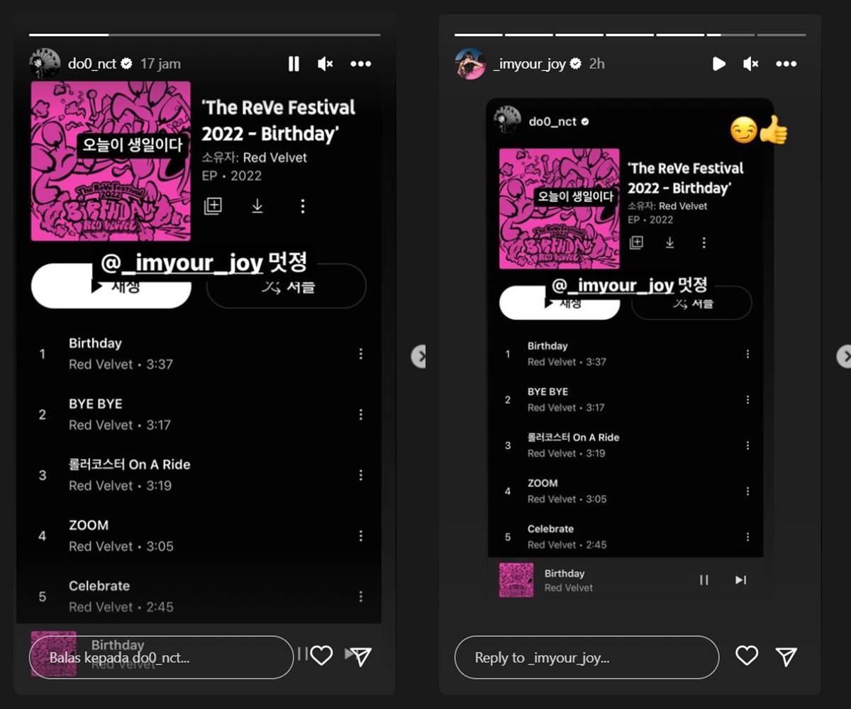 Interaksi Doyoung NCT dan Joy Red Velvet di Instagram