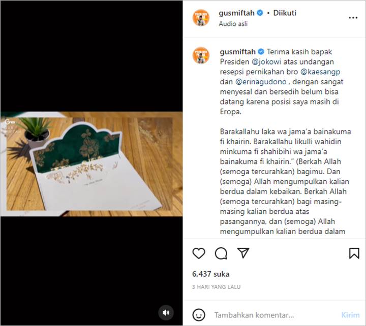 Masih di Eropa, Gus Miftah Tulis Wejangan untuk Pernikahan Kaesang Pangarep dan Erina Gudono