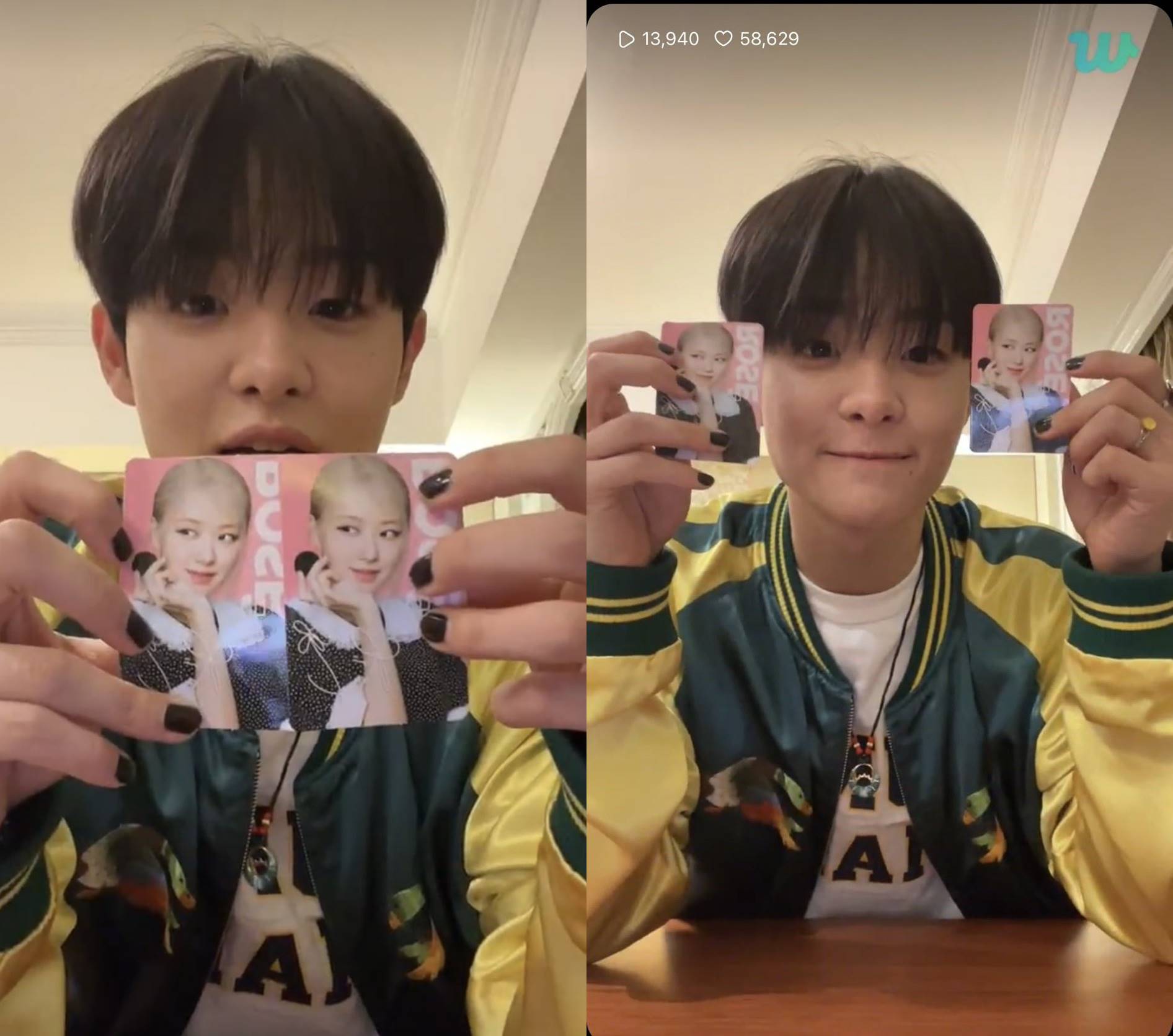 Jihoon TREASURE pamer photocard Rose BLACKPINK