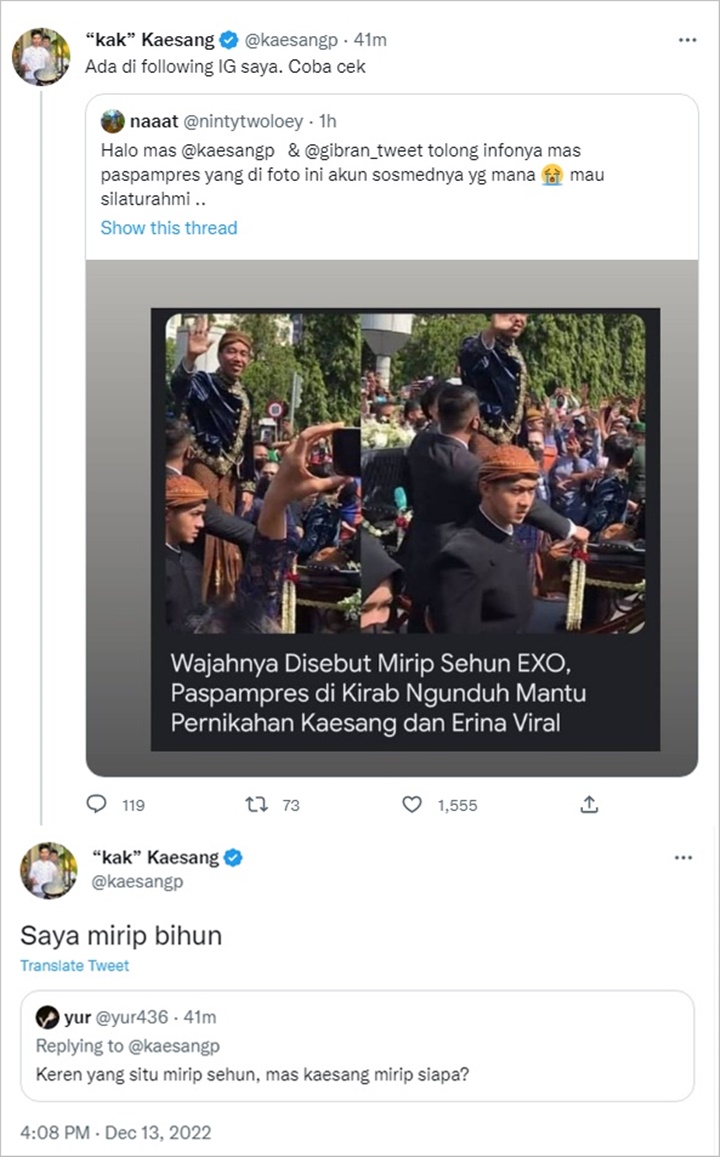 Kaesang Tanggapi Paspampres di Nikahannya Disebut Mirip Sehun EXO