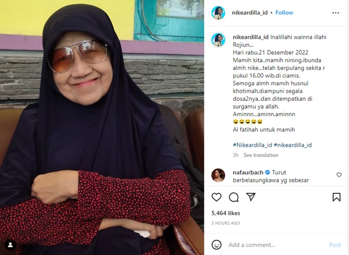 Kabar Duka, Ibunda Nike Ardilla Meninggal Dunia Jelang Ultah Sang Putri