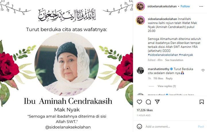 Aminah Cendrakasih \'Mak Nyak\' Tutup Usia, Dunia Perfilman Tanah Air Berduka