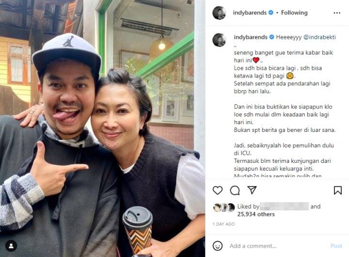 Kondisi Indra Bekti Dikabarkan Makin Membaik, Indy Barends Singgung Sebuah Janji